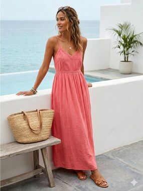 Y.A.S. Coral Pink Yaslana Organic Cotton Gauze Boho Maxi Dress - US 6